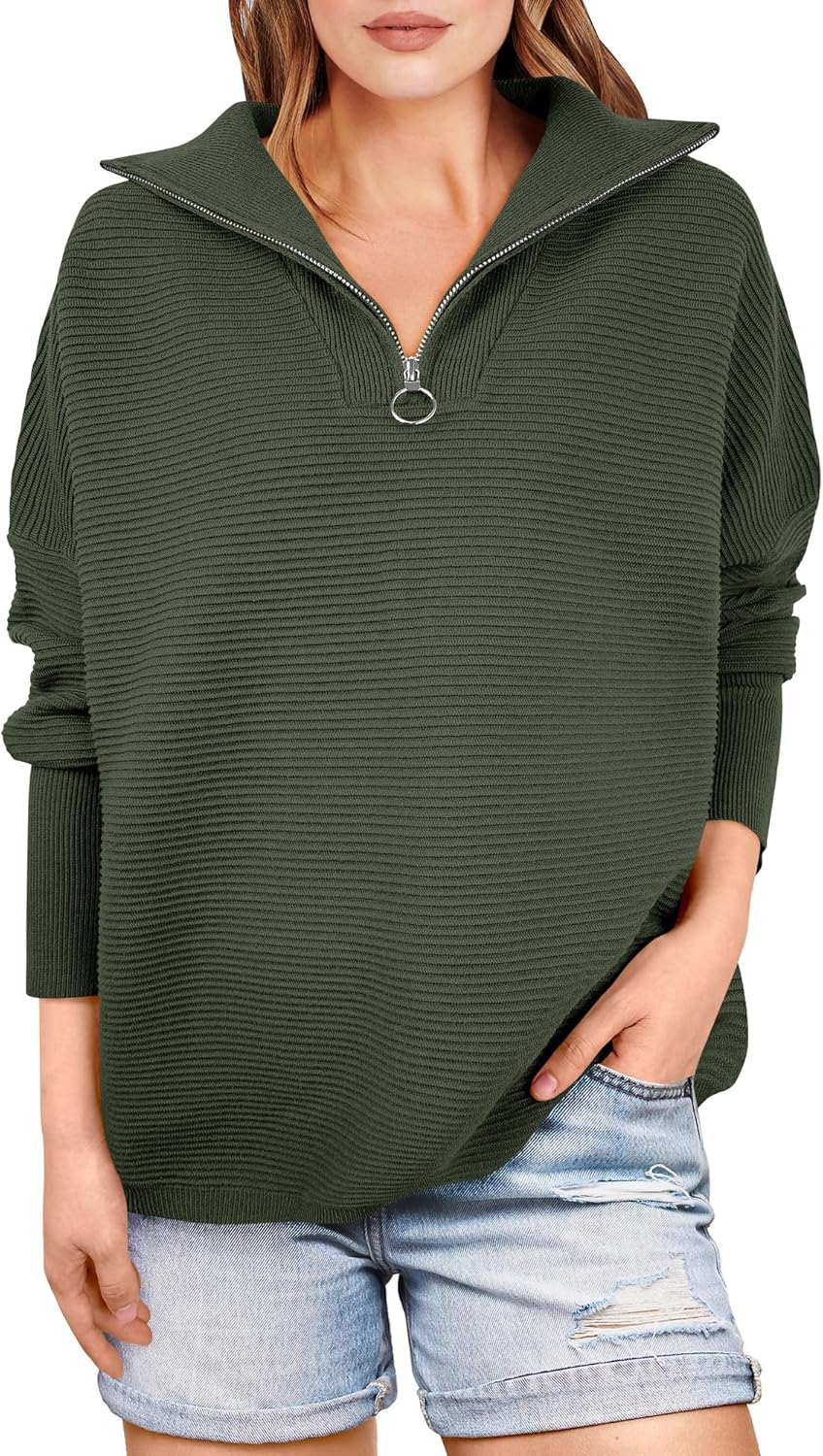 Quarter Zip Oversized Rib Knit Cozy Pullover Sweaters Top(50% OFF!!!)