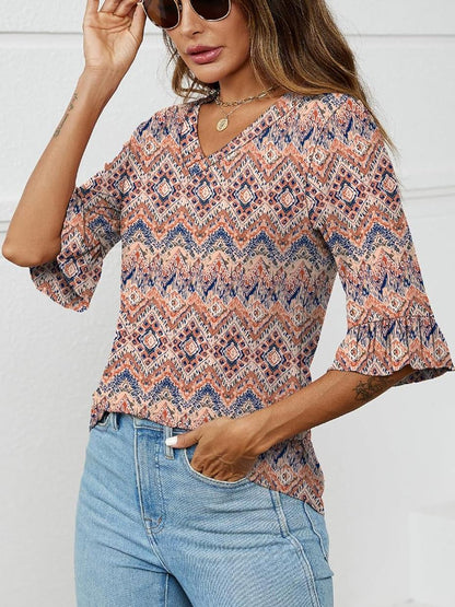 ✨Womens 3/4 Length Sleeve V-Neck Eyelet Casual Ruffle Sleeve Tunic Blouses