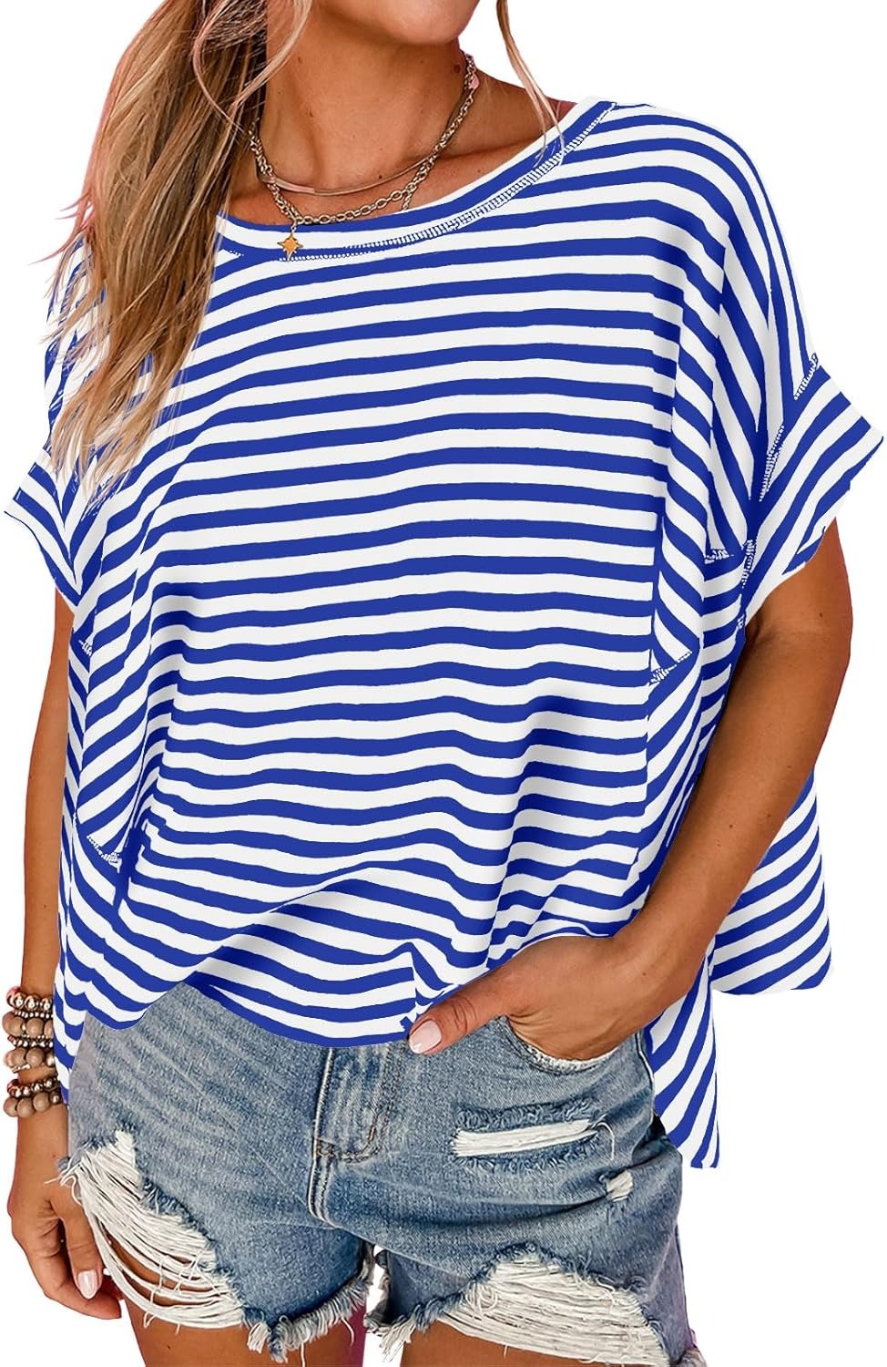 ✨Womens Oversized Striped Irregular Hem Batwing Short Sleeve Tee