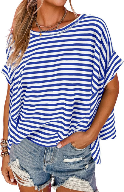 ✨Womens Oversized Striped Irregular Hem Batwing Short Sleeve Tee
