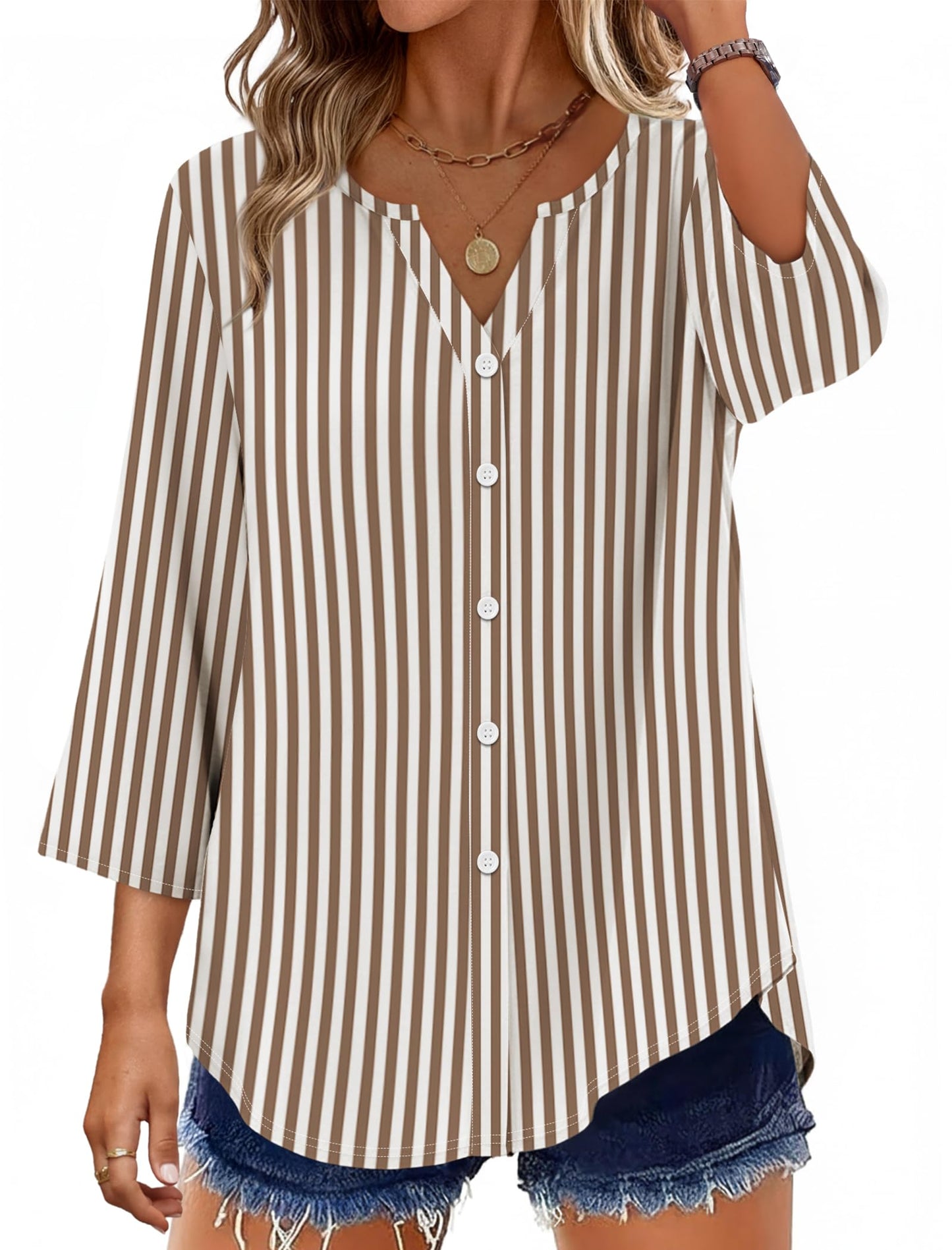 Women's Cotton 3/4 Sleeve Button Down Gingham Shirts
