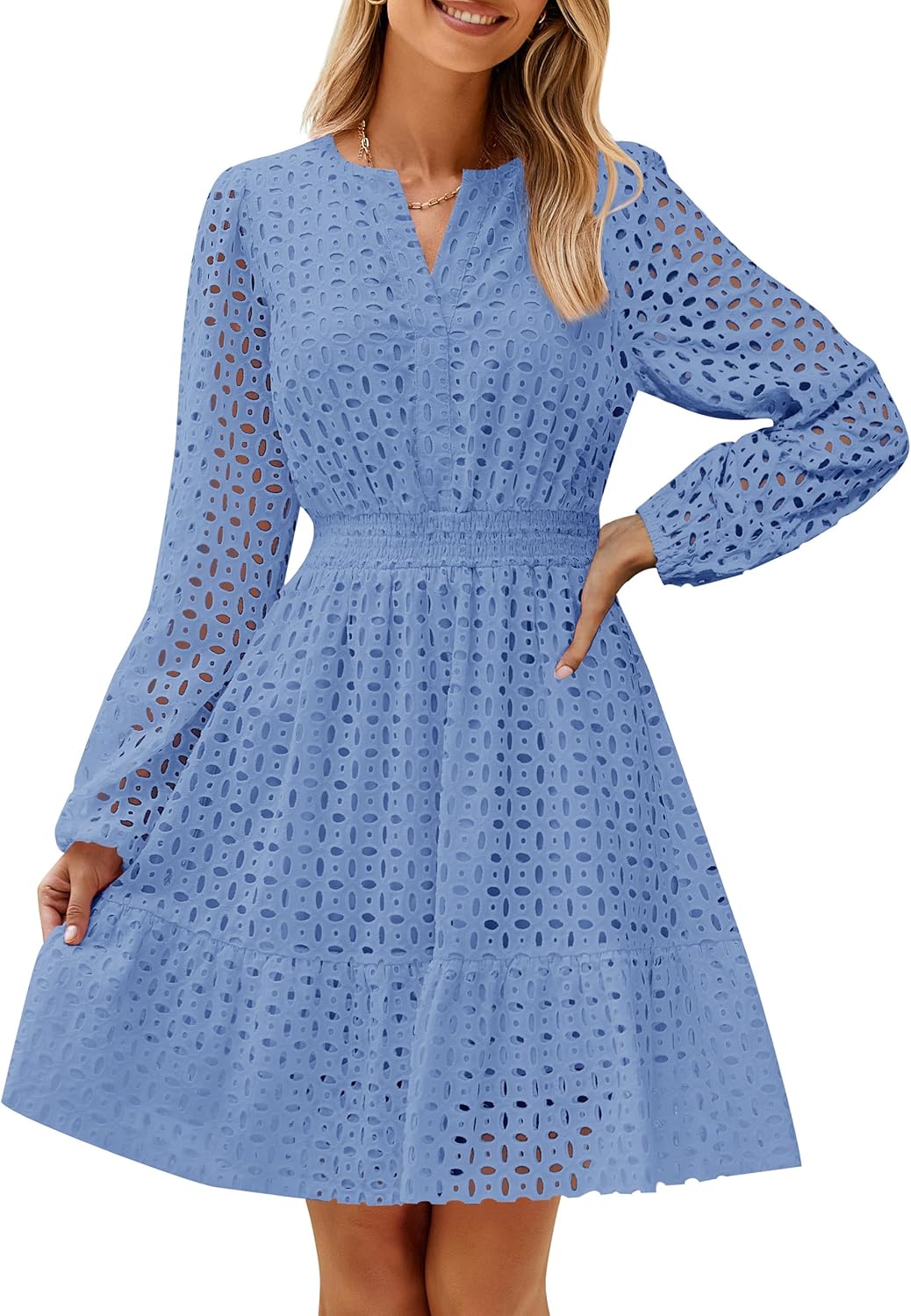 ✨Women's Long Sleeve Mini Dress V Neck Hollow Out Eyelet Embroidery Ruffle Dresses