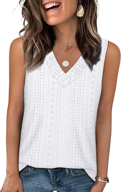 ✨Women Summer Outfits V Neck Tank Trendy Eyelet Sleeveless Basic T Shirts