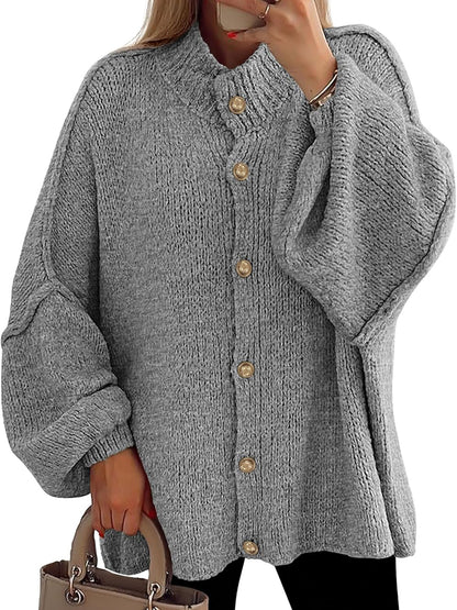 Women's Mock Neck Lantern Long Sleeve Button Down Cardigan Sweater