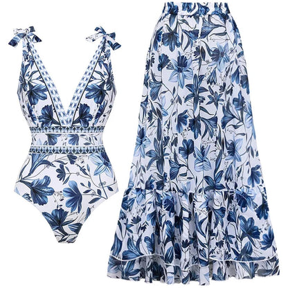 Women Adjustable Shoulder Strip Plant Prints One Piece Swimsuit and Skirt/Sarong