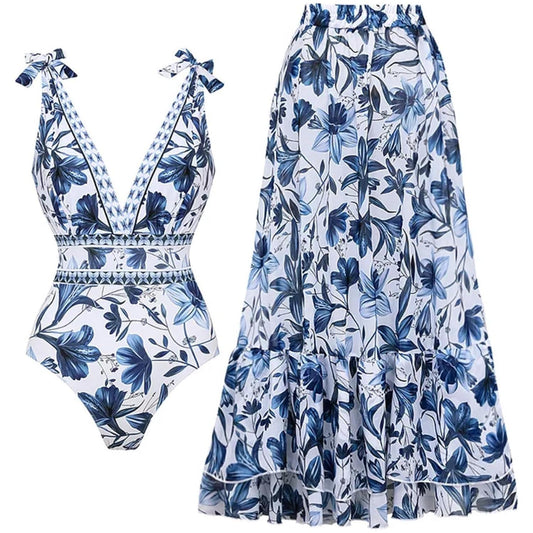 ✨Women Adjustable Shoulder Strip Plant Prints One Piece Swimsuit and Skirt/Sarong