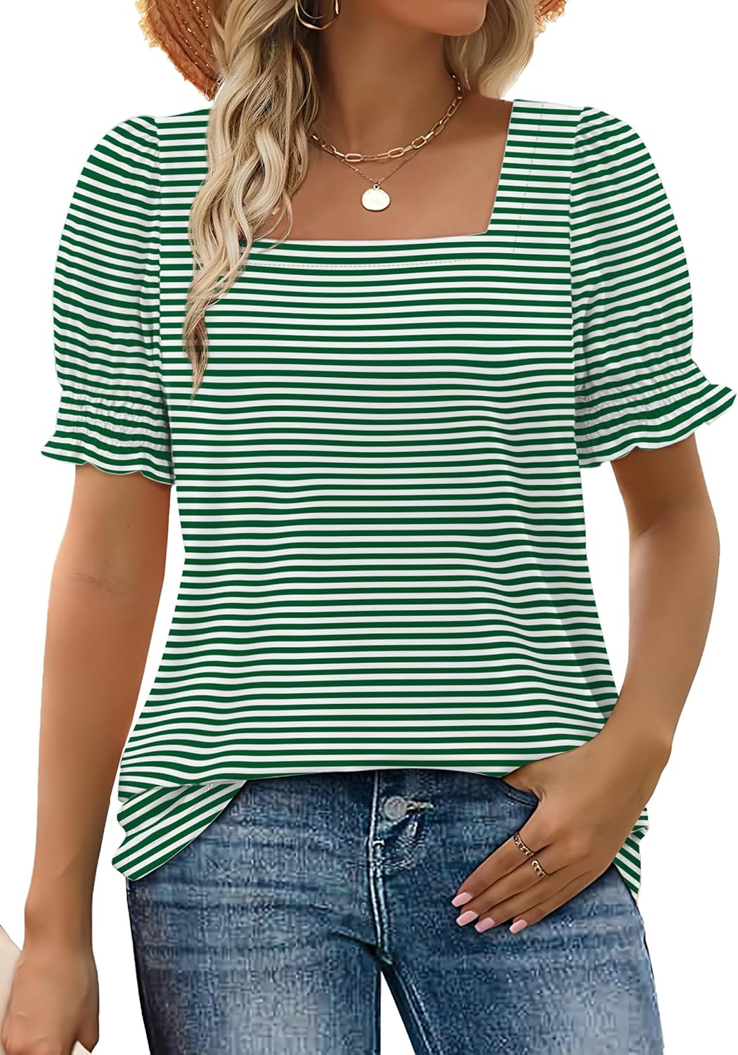 ✨Women's Square Neck  Smocked Sleeve T-Shirt Casual Top