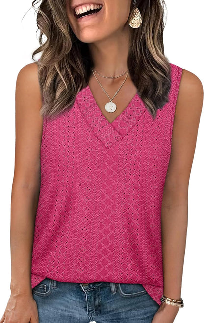 ✨Women Summer Outfits V Neck Tank Trendy Eyelet Sleeveless Basic T Shirts