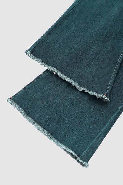 Washed Raw Hem Mid Waist Straight Leg Jeans