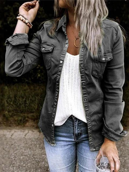 Solid Color Lapel Neck Pleated Denim Shacket