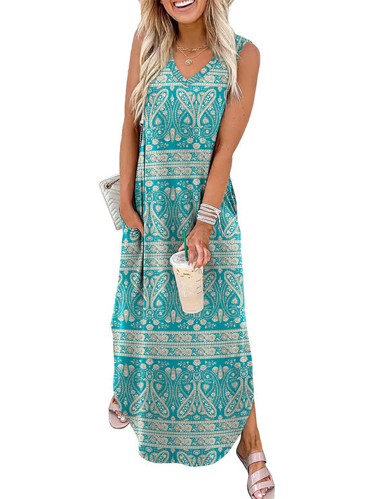 ⏰Hot Sale-Women's Boho Print V Neck Split Tank Long Dress with Pockets