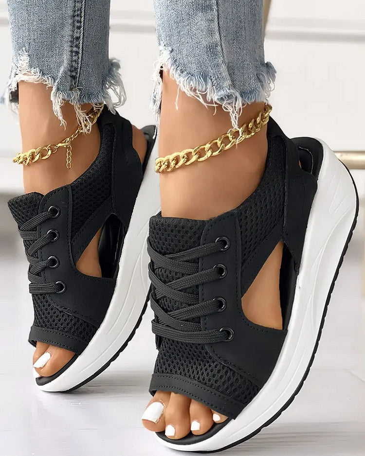 💖Hot Sale - 48% OFF🎁CONTRAST PANELED CUTOUT LACE-UP MUFFIN SANDALS