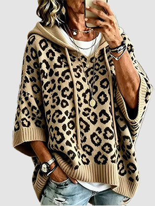 Women Leopard Print 3/4 Sleeve Hooded Knit Sweater