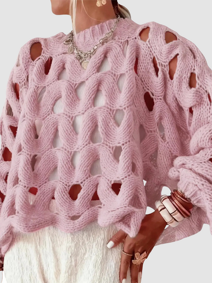 Women Boho Loose Balloon Sleeve Hollow Out Cable Knit Oversized Pullover Sweater Spring Autumn Layering Top