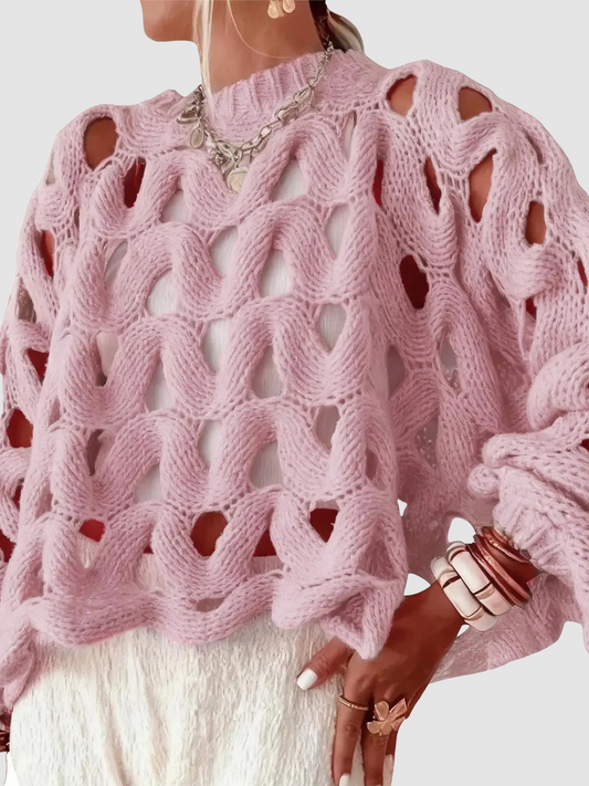 Women Boho Loose Balloon Sleeve Hollow Out Cable Knit Oversized Pullover Sweater Spring Autumn Layering Top