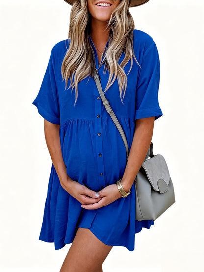 Women's short-sleeved babydoll dress, button closure, with pockets