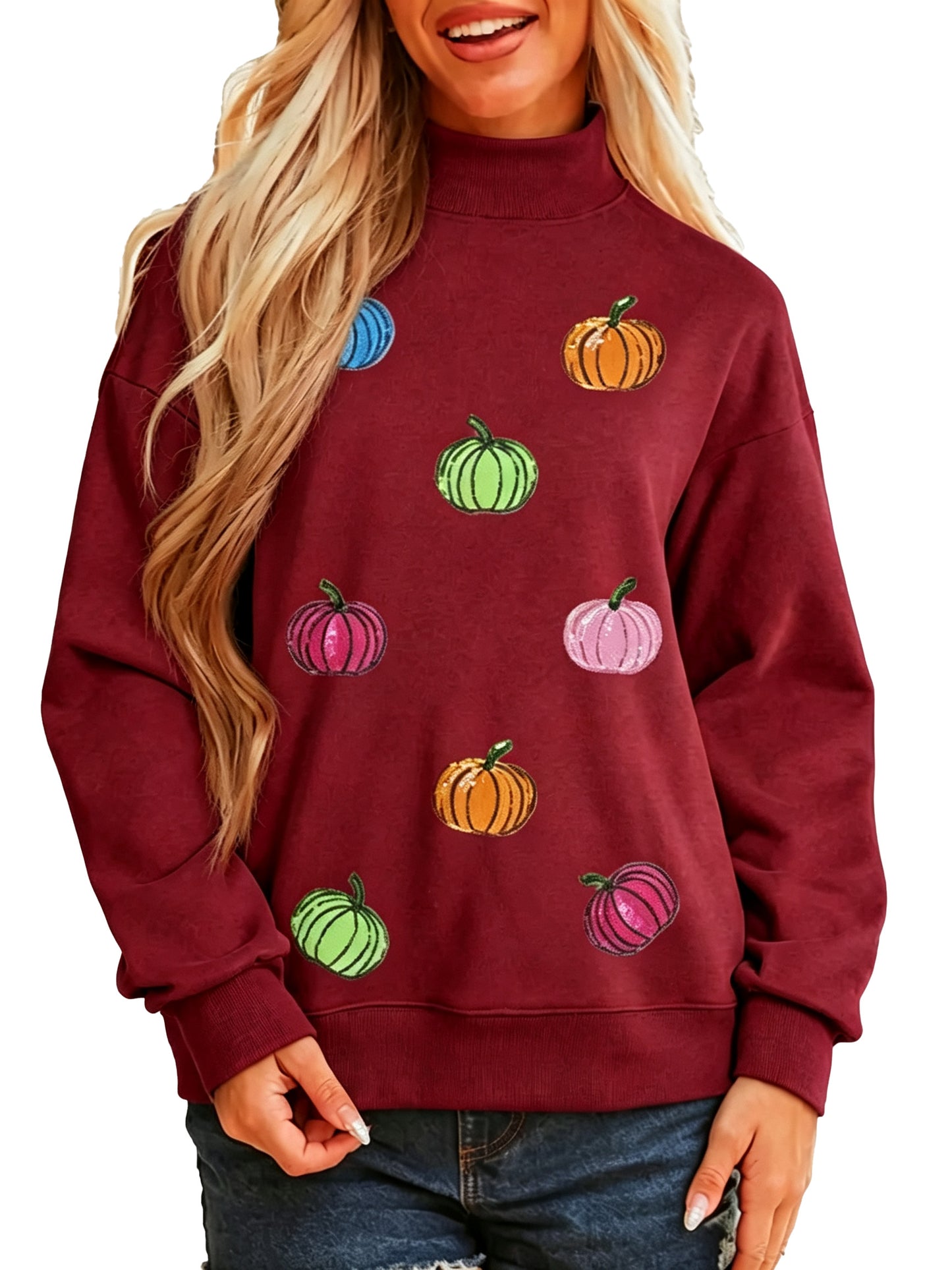 Women Sequin Pumpkin Pattern Mock Neck Sweatshirt Casual Pullover Tops