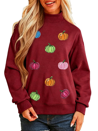 Women Sequin Pumpkin Pattern Mock Neck Sweatshirt Casual Pullover Tops