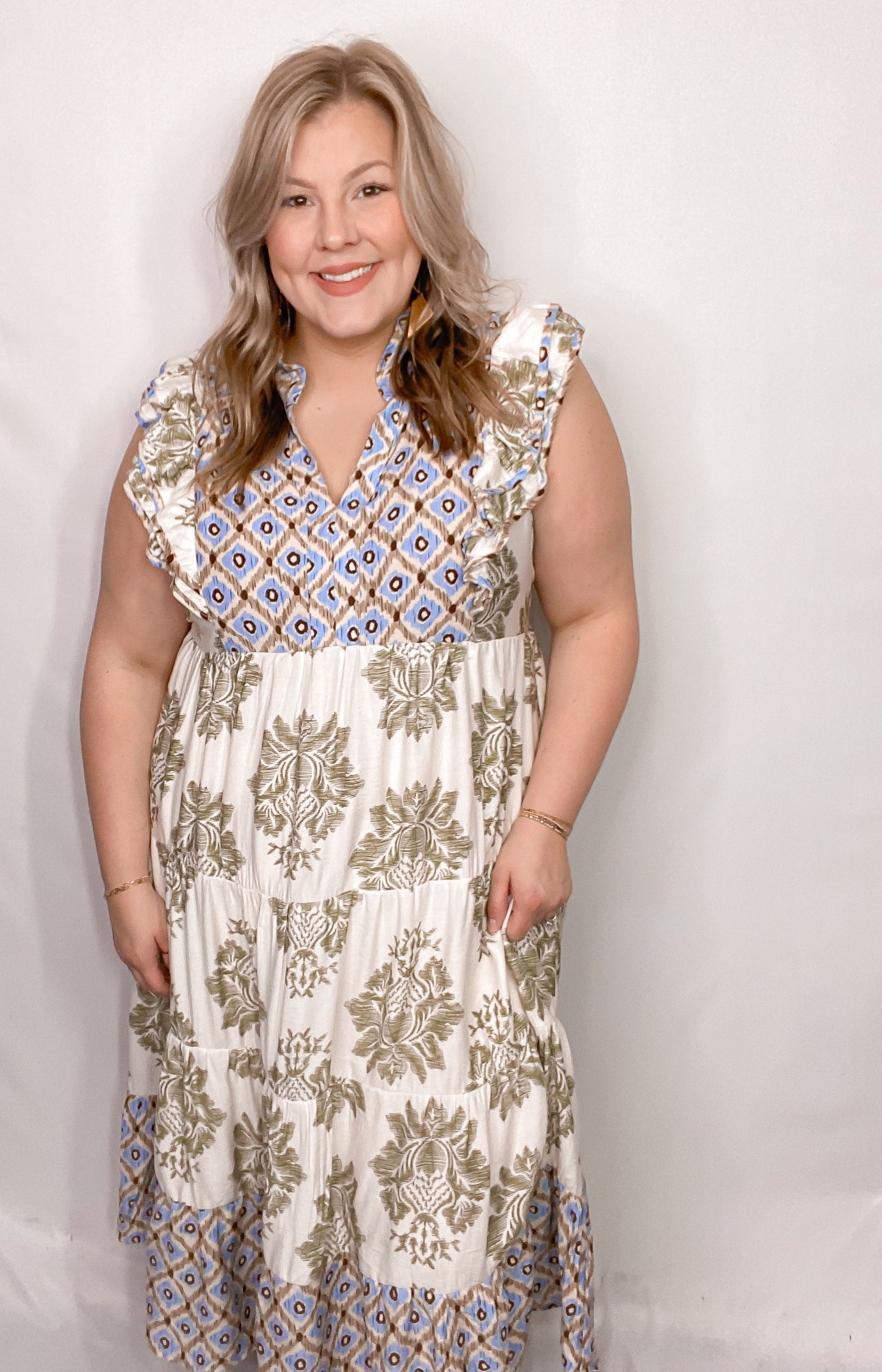 Women's Casual Printed Ruffle Sleeve Midi Dress