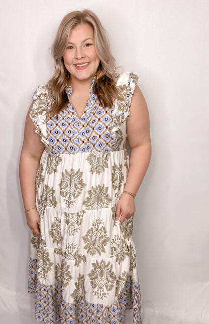 Women's Casual Printed Ruffle Sleeve Midi Dress