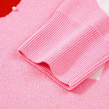 Pearl Embellished Heart Pattern Valentines Day Sweater