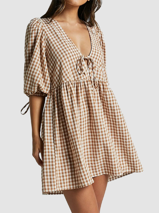 V Neck Tie Front Puff Sleeve Gingham Mini Dress