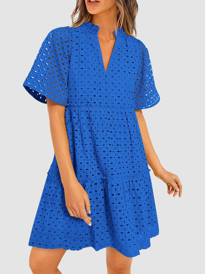 Women's Eyelet Embroidery V-Neck Smocked Waist A-Line Dress
