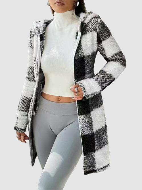 Plaid Fleece Hooded Mid Length Full Zip Coat