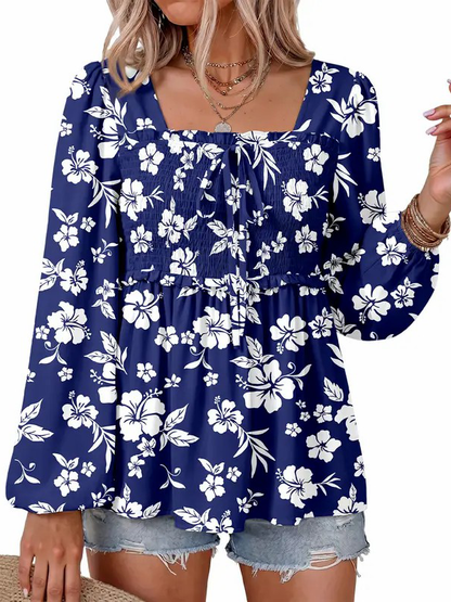Women Loose Long Sleeve Square Neck Smocked Ruffle Peplum Casual Blouse