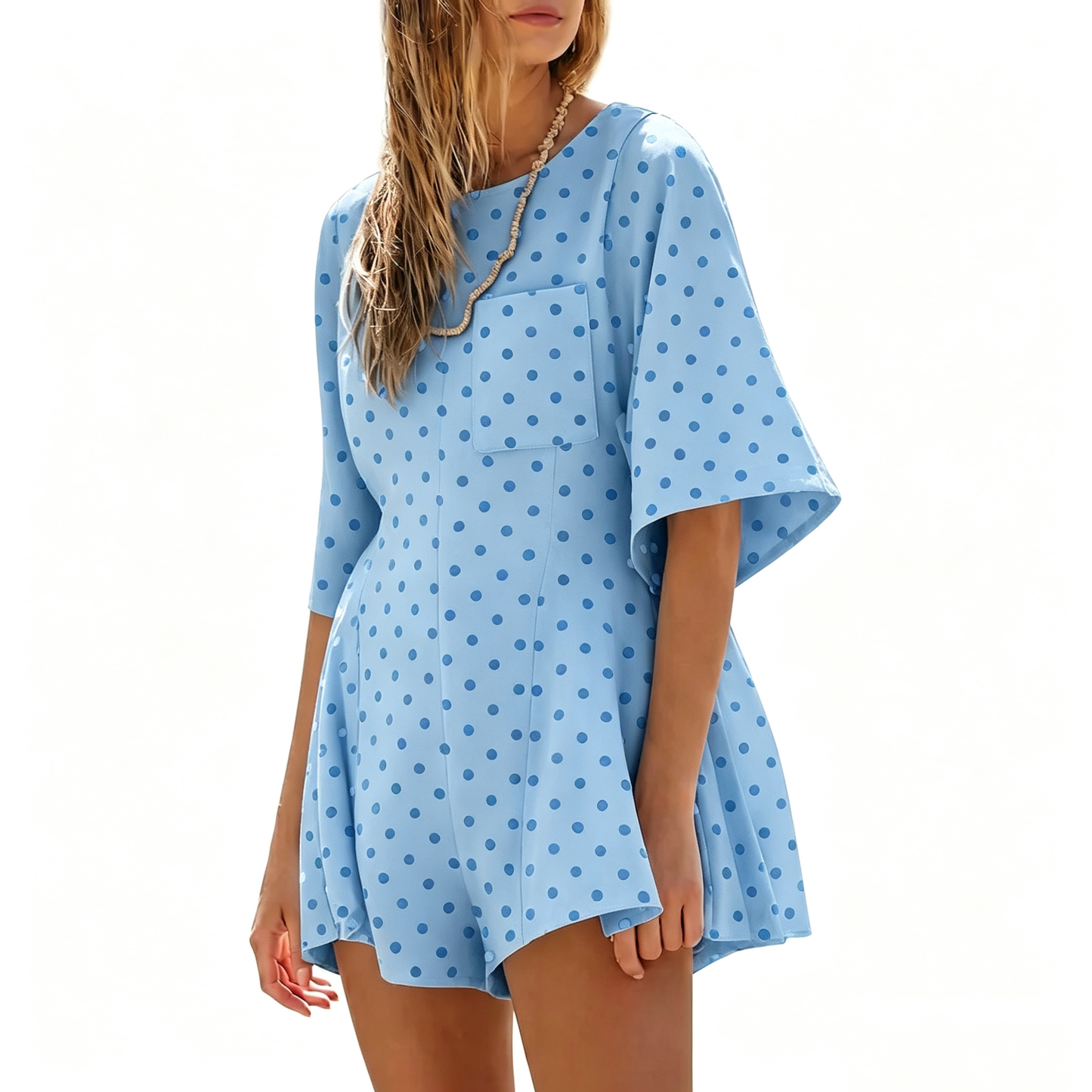 Crew Neck Short Sleeve Loose Casual Romper With Front Pockets