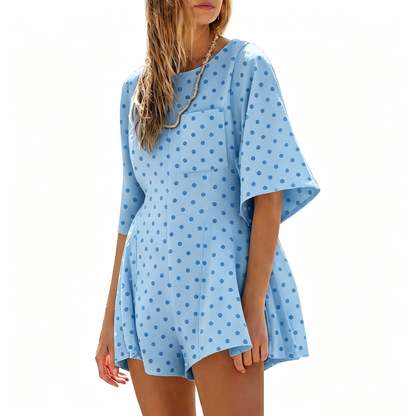 Crew Neck Short Sleeve Loose Casual Romper With Front Pockets