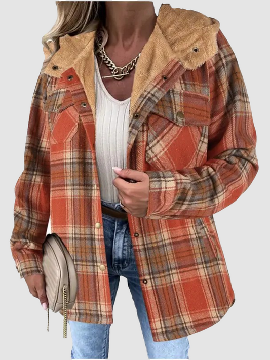 Women's Thickened Flannel Long Sleeve Plaid Jacket Coat with Hood