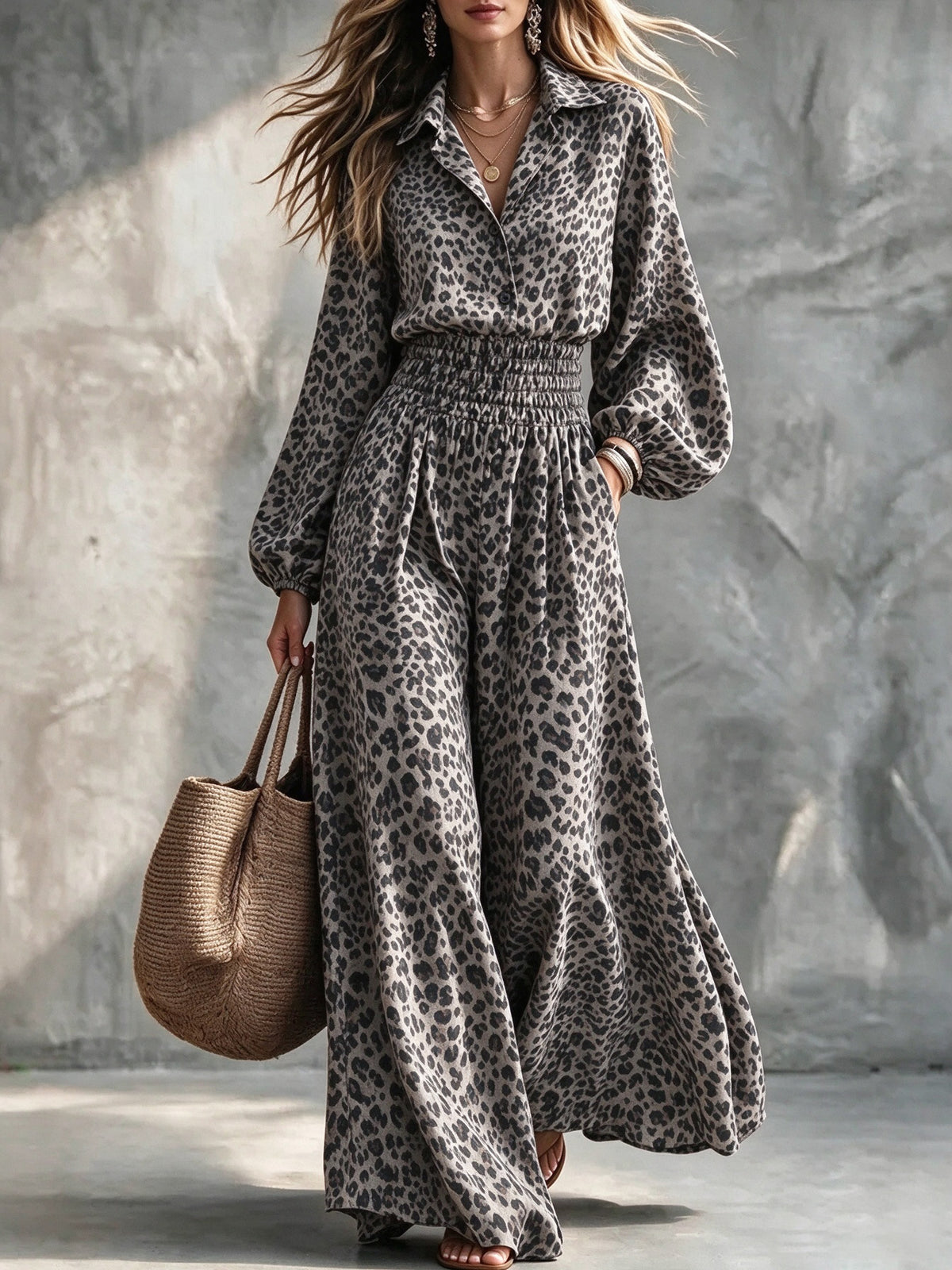 Vintage Leopard Print One-Piece Outfit With Pockets
