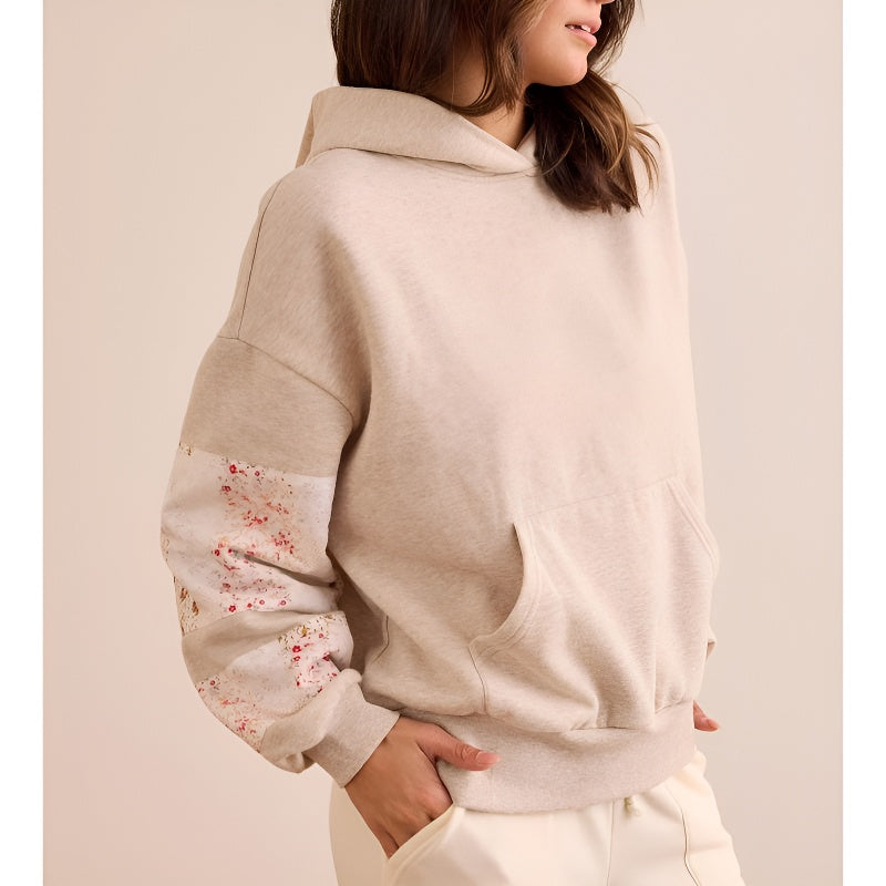 Womens Hooded Sweatshirt Long Sleeve Floral Print Patchwork Casual Loose Fit Tops