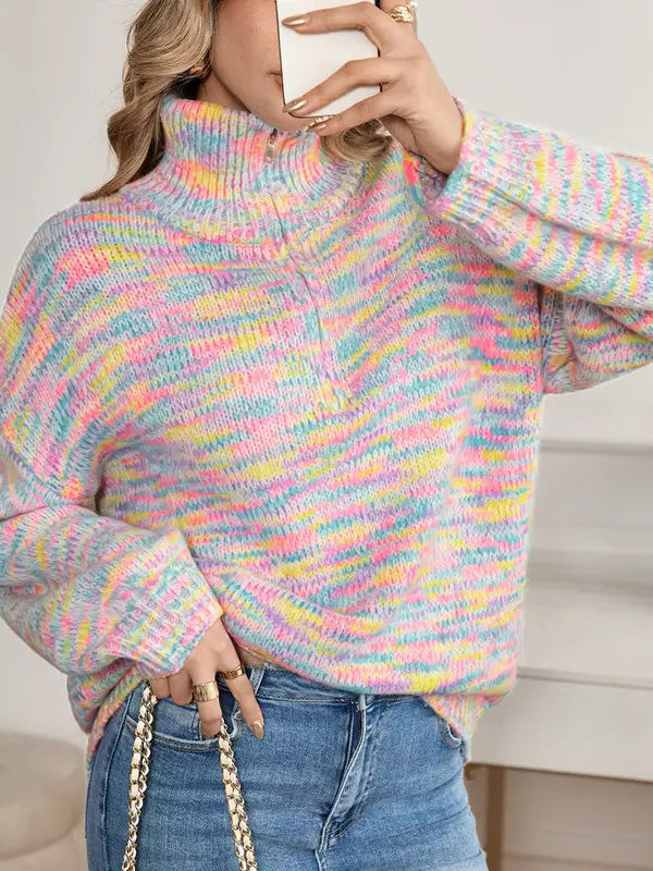 Hot Sale-Women's Oversized Rainbow Marled Half Zip Knit Sweater