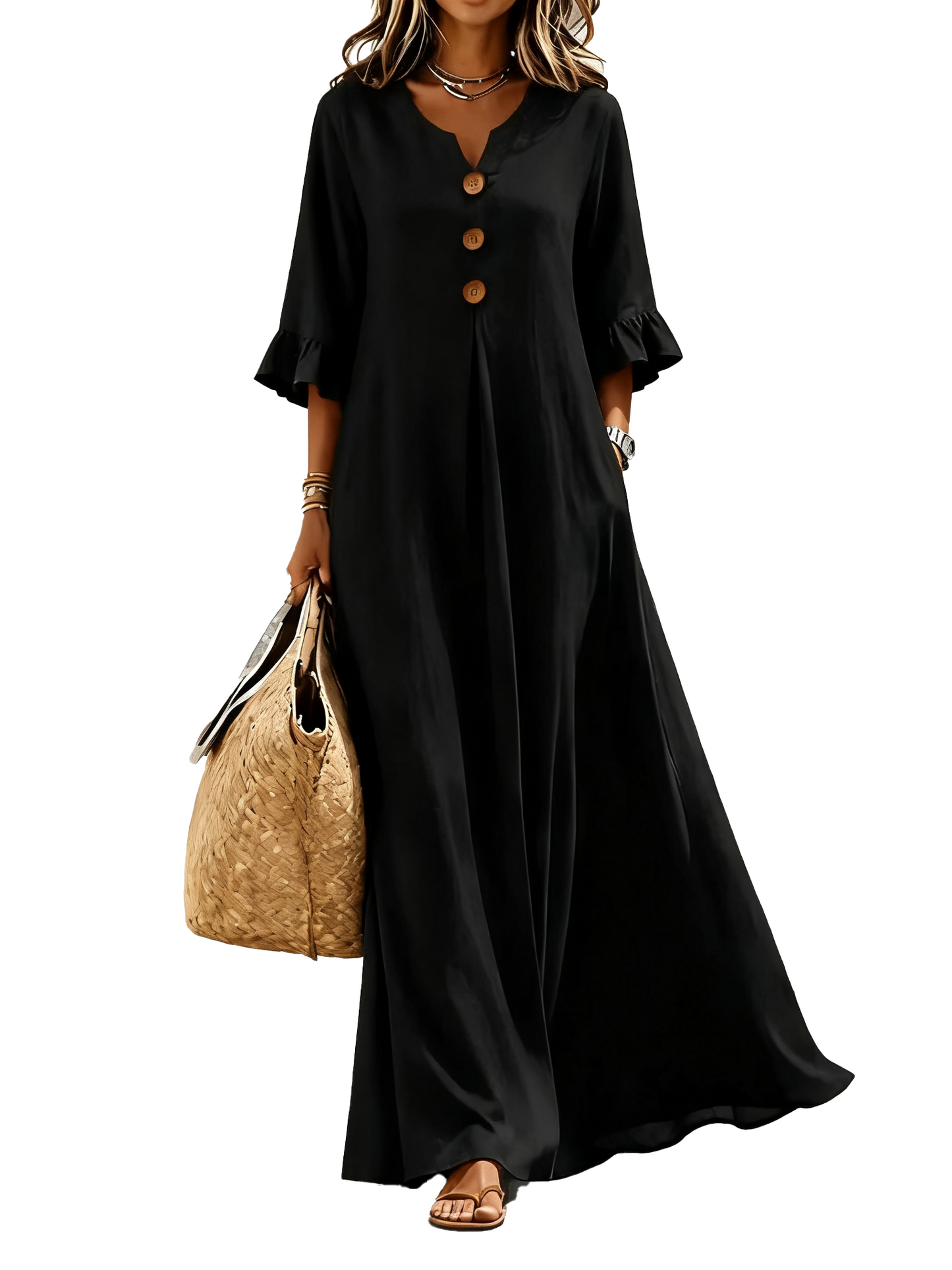 Women Boho Casual A‑Line Maxi Dress, V‑Neck Wooden Buttons Ruffled Long Sleeve Loose Solid Color Dress