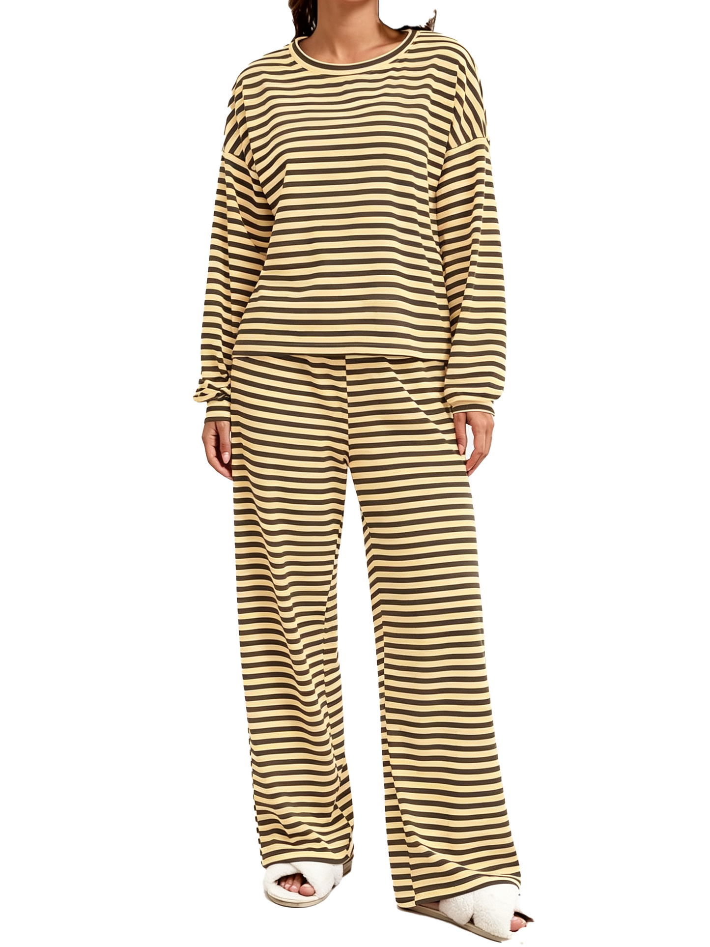 Women Striped 2 Piece Loungewear Set Crew Neck Top Wide Leg Pants