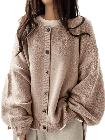 Loose Round Neck Knit Cardigan & Basic Button‑Up Lantern‑Sleeve Outer Top