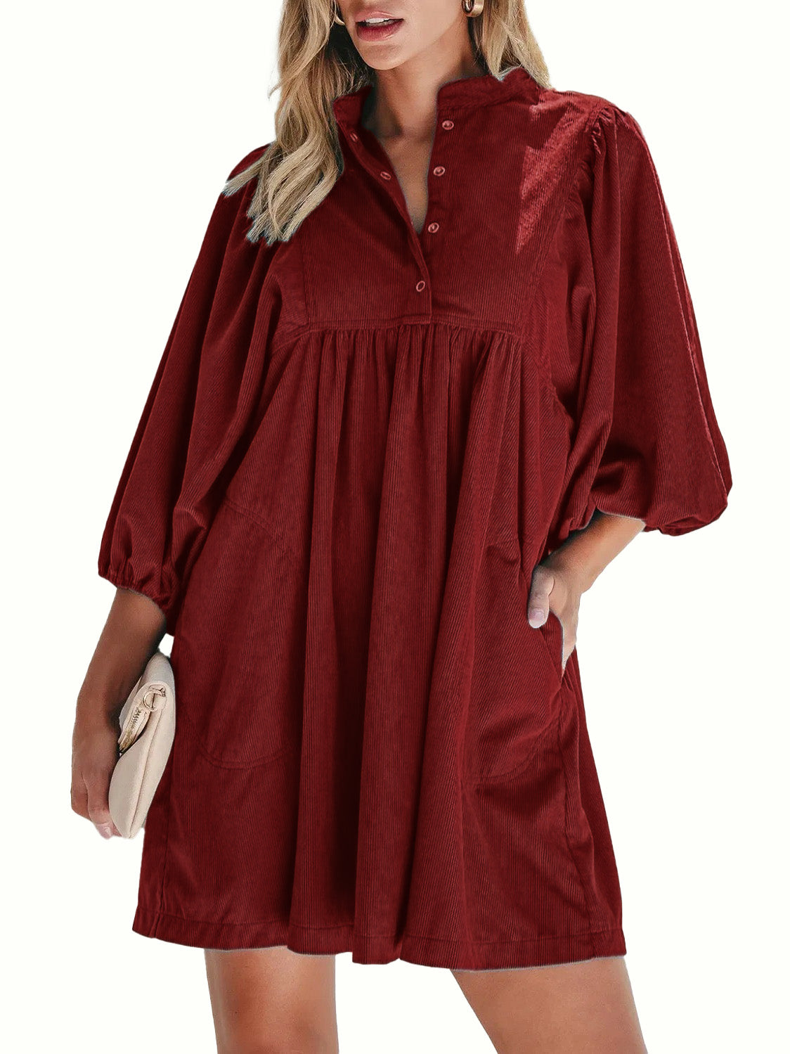 Women Stand Collar Snap Button Empire Waist Mini Dress Bracelet Puff Sleeve With Pockets