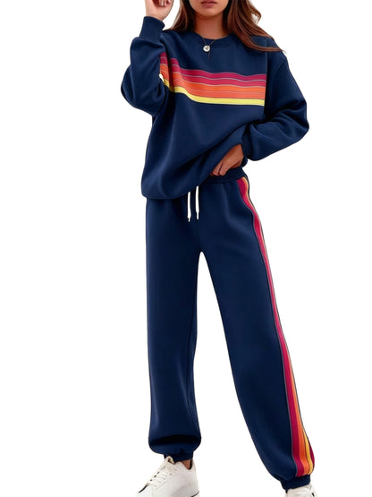 Women Retro Rainbow Stripe 2‑Piece Sweat Loungewear Set