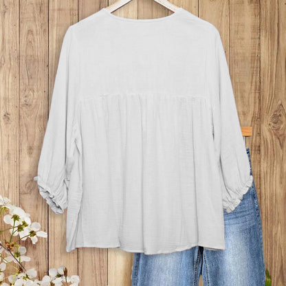 Women's 3/4 Puff Sleeve Blouse with Ruffled Cuffs & Pleated Details