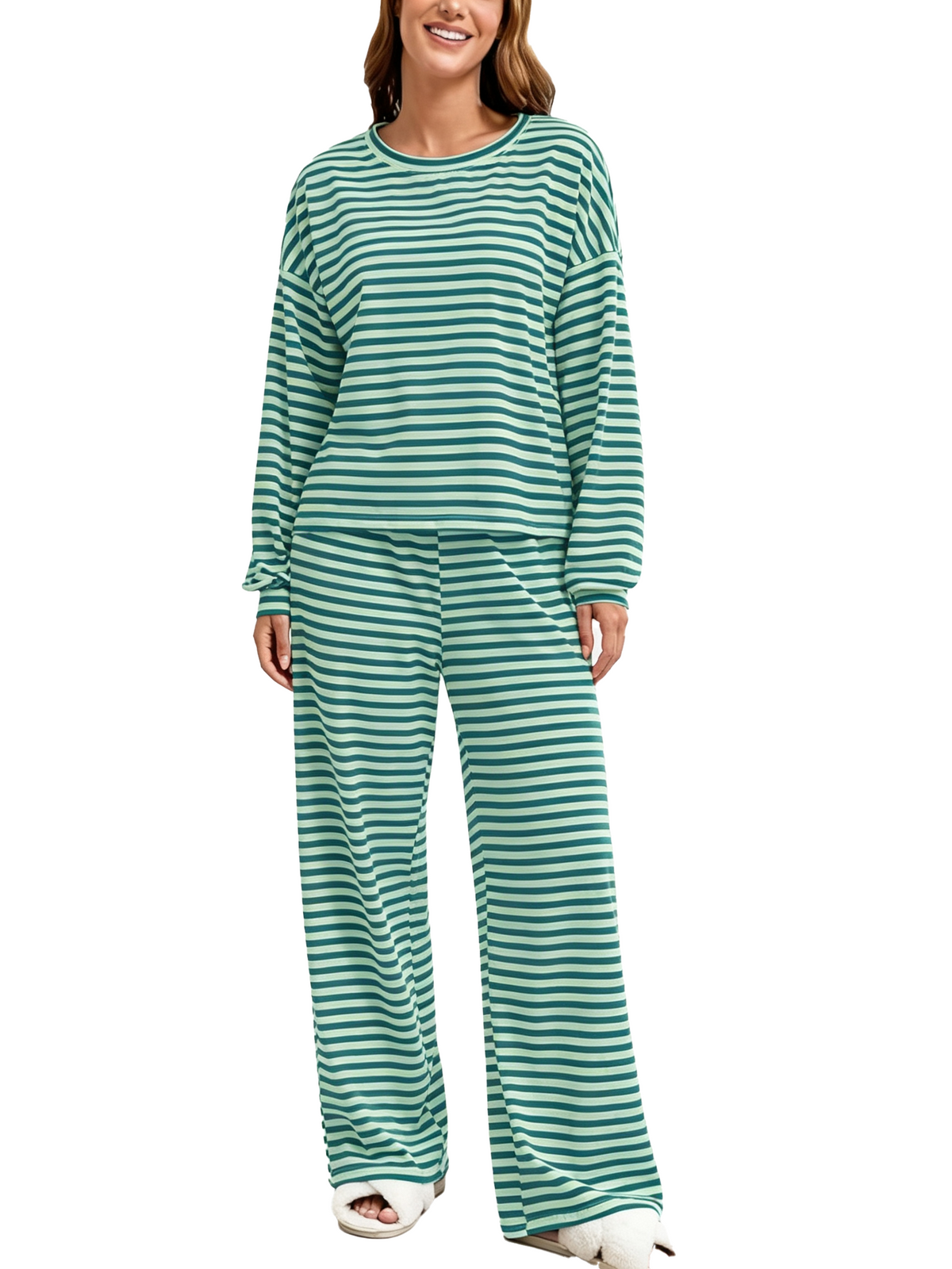 Women Striped 2 Piece Loungewear Set Crew Neck Top Wide Leg Pants