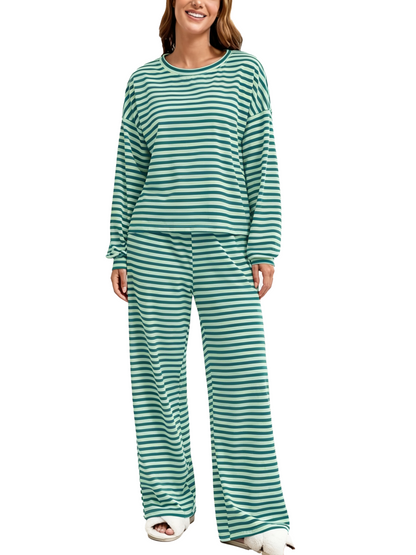 Women Striped 2 Piece Loungewear Set Crew Neck Top Wide Leg Pants