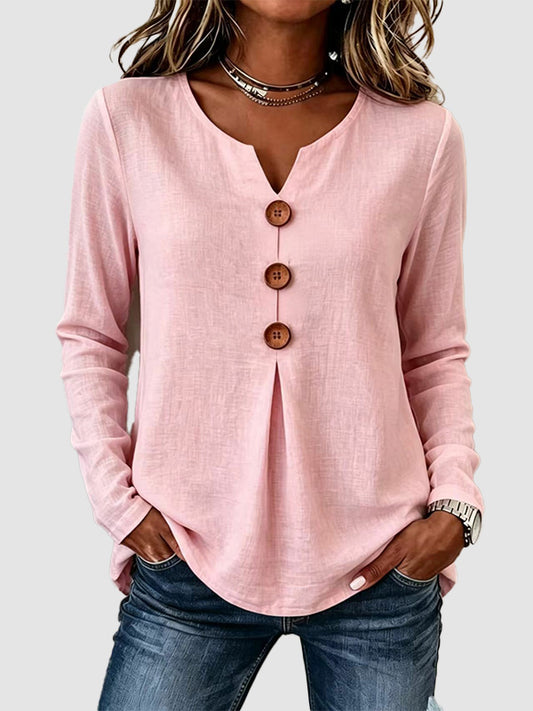 Retro Large Button V Neck Casual Long Sleeve Shirt