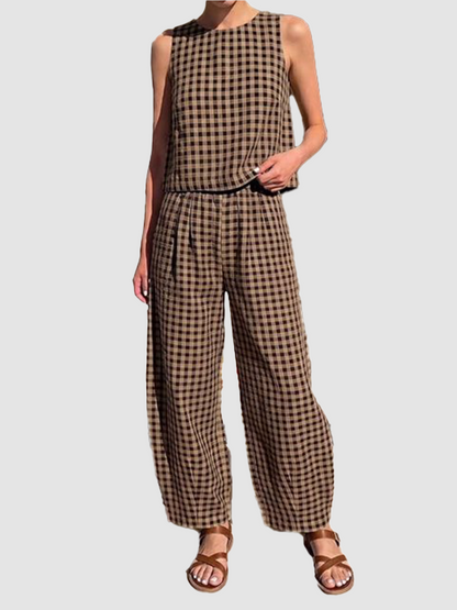 Women Plaid Sleeveless Crop Top & Elastic Waist Wide Leg Pants 2 Piece Matching Set