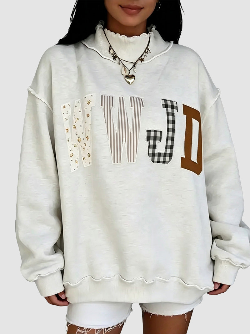 Women Mock Neck Applique Letter Pullover Sweatshirt