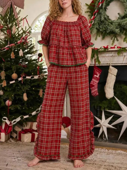✨Women's Christmas Plaid Ruffle Puff Sleeve Pajamas Set