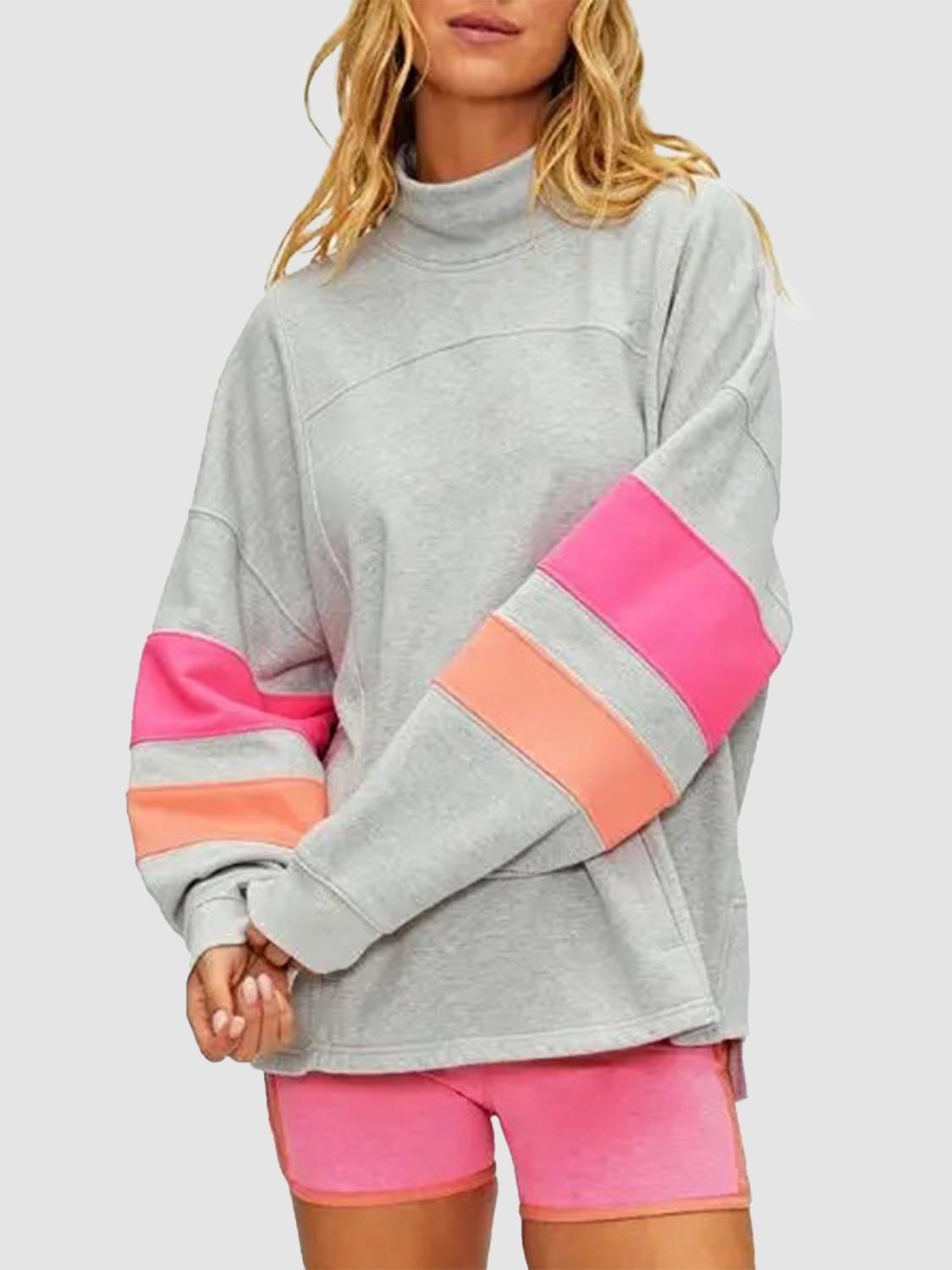 High Mock Neck Color Block Striped Long Sleeve Sweatshirt