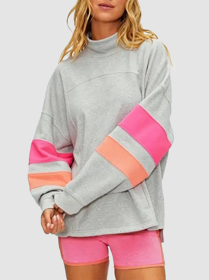 High Mock Neck Color Block Striped Long Sleeve Sweatshirt