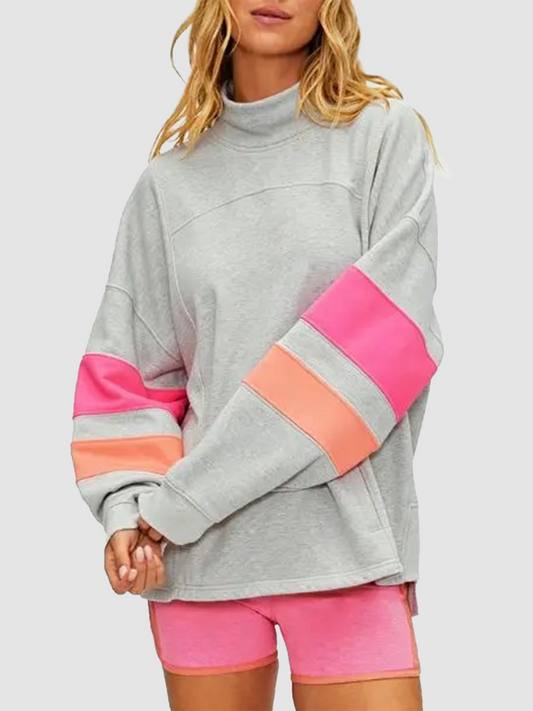 High Mock Neck Color Block Striped Long Sleeve Sweatshirt